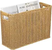 Woven Magazine Holder, Slim Rectangular Wicker Basket Newspaper Holder Rattan Megazine Basket with Handle, Narrow Basket for Books for Home, Office