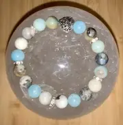 NATURAL AMAZONITE GEMSTONE 10MM BEAD, HEART & RHINESTONES SPACER BEADS BRACELET