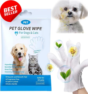 Pet Bathing Wipes Gloves Dogs & Cats – Extra Thick Unscented Grooming Wipes 6Pc