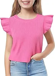 [tagyum] Toddler Girls Ruffle Sleeve T Shirt Knit Ribbed Blouse Cotton Top Plain Solid Kids Casual Clothes 1-6 Years