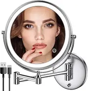 Rechargeable Wall Mounted Makeup Mirror with Lights,8 Inch Double-Sided LED Vanity Mirror 1X/10X Magnification,3 Color Lighting Dimmable Touch Screen 13 Inch Retractable (Black, 1/10X) (Chrome)