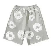 Summer Men Shorts Flower Print Drawstring Elastic Waist Loose Pockets Pleated Vacation Beach Sport Casual Homewear Short Pants grey S