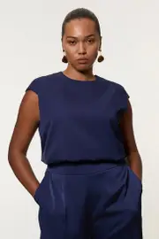 Plus Size Tailored Viscose Linen Topstitch Detail Top