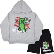 Minecraft Boys Pullover Hoodie and Shorts Set with Creeper Graphic Print - 2 Piece Sweatshirt and Short Bundle for Kids