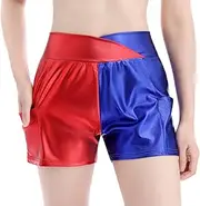 [IMEKIS] Women's Metallic Booty Shorts, Shiny Rave Hot Pants, High Waist, Cross V-Front Dance Shorts, Short Trousers with Pockets, Halloween, Carnival, Fancy Dress Costume, Blue