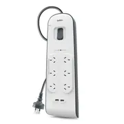 Belkin 6-Outlet Surge Protector Powerboard with 2M Lead 2 x USB Charging Ports - White/Grey