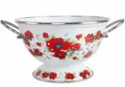 POPPY FLOWERS Enameled Colander, Enamelware Strainer Pasta Fruit 2.6 qt