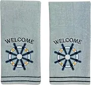 [Serafina Home] Embroidered Welcome Ship's Wheel Hand Towels, 2 Piece Set, 16 x 25 inches, 100% Cotton, Coastal Theme