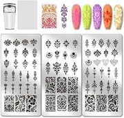 PH PandaHall 3pcs Ethnic Pattern Nail Stamp Plate Flower Pattern Print Art Template Stainless Steel Nail Image Plate Nails Stencils with Stamper and Scrape for Women DIY Printing 12x6cm