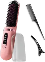 CyperEver Cordless Hair Straightener Brush & Travel Hair Brush, 4-Temp LCD Display, Anti-Scald, Long-Lasting Mini Beard Straightener, Hot Comb Styling Tools with Dust-proof Cover, Comb & Clip (Pink)