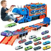 PELOSTA Car Toys for 3 4 5 6 Years Old Boys,Dinosaur Transporter Truck with 5-FT Race and 12 Die-Cast Cars,Toddler Dino Educational Toys for Kids 3-5 6-8 Year Old Boys Girls Birthday Gifts