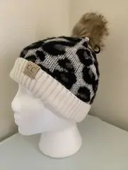 C.C Children's Kids Baby Soft Stretch Cable Knit Faux Fur Pom Beanie Hat Ivory
