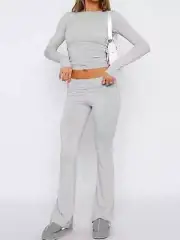 Women Two Piece Set Sporty Long Sleeve Crop Top with Low Waist Flare Pants Suit
