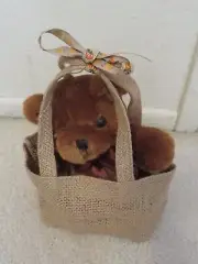 6" Plush Teddy Bear In 4" Natural Jute Tote Bag With Pumpkin Ribbon