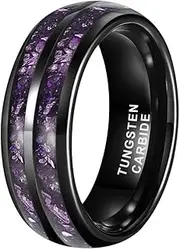 [TUTISS] 8mm Silver/Black/Gunmetal Purple Tungsten Rings for Men Women Amethyst Inlay Fashion Engagement Promise Wedding Band Polished Comfort Fit