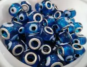 Lampwork European Glass Bead,Rondelle,Silver Core,14x9-10mm,Blue Evil Eye, 10pce
