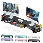Dual Monitor Stand Riser, Desk Organizer With Drawer and 2 Pen Holders, Desk