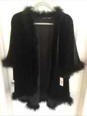 Natori Natalie Black Velvet Shawl Robe Cape Feather Trim One Size NWT