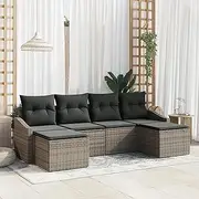 6 Piece Grey Poly Rattan Outdoor Dining Set with Plush Cushions, Modular Garden Furniture for Patio & Balcony