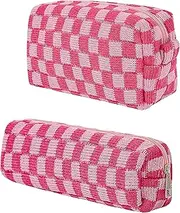 2Pcs Checkered Makeup Bag Knitted Cosmetic Bag,Large Capacity Makeup Bag and 1Pc Pencil Case Makeup Brush Storage Bag Knitted Toiletry Bag,Knitted Pencil Pen Case Storage Bag Large Knitted Purse,Pink