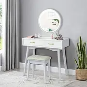 Giantex Vanity Set with Rounded & Lighted Mirror in 3 Light Colors, Makeup Dressing Table Set with Soft Cushioned Stool, Two Storage Drawers, Rubber Wood Vanity Table & Stool Leg