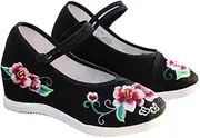 GHAKKE Women's Platform Floral Embroidered Shoes Chinese Style Traditional Hanfu Cheongsam Shoes Casual Ankle Strap Mary Jane Shoes Invisible Wedge Heels Shoes(Black,5)