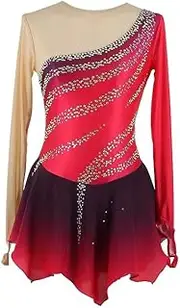 [JRUIA] Girls' Long Sleeve Ice Skating Competition Dresses Black Red Halo Dyeing Professional Figure Skating Wear Rhinestone