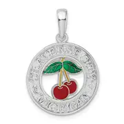 Sterling Silver De-Ani Rhodium-Plated Enameled Traverse City Michigan With Cherry Pendant