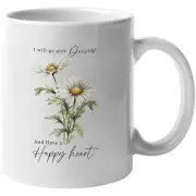 Coffee Mug, I Will Go Pick Daisies and Have a Happy Heart, Watercolor Daisy Art