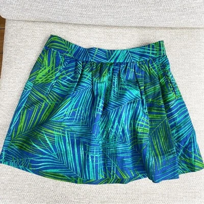 Banana Republic Linen A Line Skirt Palm Print Blue Green 12 L Petite NEW