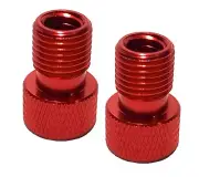 Two Red Presta Valve Adapters convert Presta Valves to Schrader Valve Use