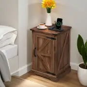 Barn Style Farmhouse Bedside Nightstand with Adjustable Shelf & Charging Station