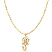 14K Tri Color Gold CZ Scorpion Charm Pendant & 1.2mm Box Chain Necklace