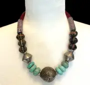 Artisan Necklace Turquoise Red Disc African Trade Beads Millefiori Chunky Bold