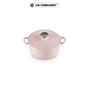 【Le Creuset】琺瑯鑄鐵鍋圓鍋 18cm(雪紡粉-鋼頭-內鍋白)