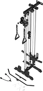 ER Kang Cable Station Wall Mount, 18in Pulley Tower, Dual Pulley System, High & Low Cable Machine, LAT Pull-Down & Row Tower with Flip-Up Footplate, Home Gym Cable Crossover, Black