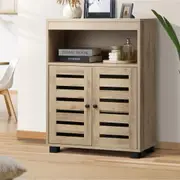 Oikiture Buffet Sideboard Shoe Storage Cabinet Slatted Doors Natural