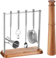 Mixology Bartender Kit Bar Tool Set | 5-Piece Bar Cart Accessories with Walnut B