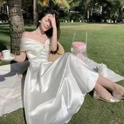 Off-Shoulder Plain A-Line Cocktail Dress White - L