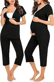 [SWOMOG] Maternity Nursing Pajamas Set 2 PCS Breastfeeding Sleepwear Short Sleeve Top and Pants Set Pregnancy Pajamas Women