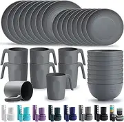 Kyraton Plastic Dinnerware Sets of 32 Pieces, Unbreakable And Reusable Light Weight Plates Mugs Bowls Dishes Easy to Carry And Clean Microwave Safe BPA Free Dishwasher Safe Service For 8
