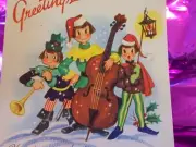 Vintage Christmas Pop-Up Card Kitschy Moppet Musicians Fiddle Horn Caroller