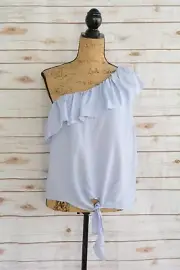NWOT Mossimo Pale BLUE striped RUFFLED neckline ONE shouldered rayon blouse XXL