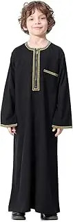 [XINNI] Arabic Thobe Muslim Thobe Long Sleeve Kaftan Crew Collar Robe with Zipper for Boy