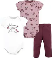 [HUDSON BABY] baby-girls Unisex Baby Cotton Bodysuit and Pant Set, Plum Wildflower, 9-12 Months, Plum Wildflower