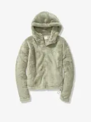 Victoria's Secret PINK Full ZIP Hoodie GREEN crop TEDDY BEAR Fleece JACKET Top M