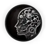 Home Decor Wall Clock Art Deco Mechanical Mind Silhouette Steampunk Gears Black