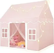 Large Kids Play Tent with Mat, XICEN Play Tent Indoor with Star Lights and Windows, Playhouse for Boys and Girls Aged 3+, Kid Tent with Mat Washable (Pink)
