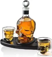 Whiskey Skull Decanter Set with 2 Cocktail Shot Glasses for Liquors or Scotch