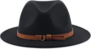 [vipolish] Black Elegant Wide Brim Fedora Hat with Belt Buckle Flat Jazz Cap for Performance Party Show Cosplay Wedding Daily Life, Black